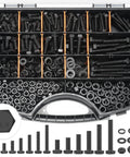 Pro Grade 12.9 Bolts and Nuts Set, 472-Piece M6 M8 Hex Bolt Nut and Washer Kit in open black toolbox showing contents