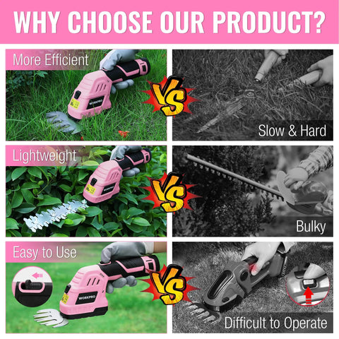 Comparison of 12V Cordless Grass Shear And Shrub Trimmer 2 In 1 Handheld Hedge Trimmer with pink ribbon edition vs traditional tools.