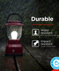 Beefy 800 Lumen LED Camping Lantern With USB Rechargeable Battery in rain showing water and impact resistance features.
