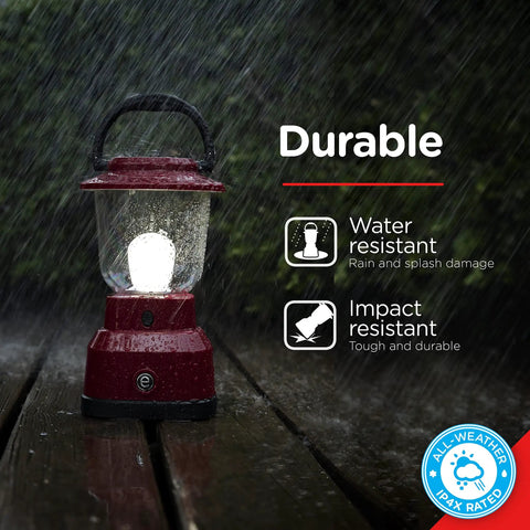 Beefy 800 Lumen LED Camping Lantern With USB Rechargeable Battery in rain showing water and impact resistance features.