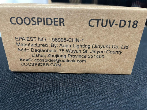 Manufacturer box labeled COOSPIDER CTUV-D18 for 18W UVC HVAC Light For Whole House Air Purification In Ducts 253.7nm Ozone Free