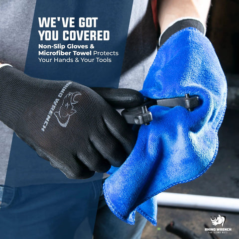 Rhino Wrench gland nut wrench set of 2, adjustable hydraulic cylinder spanners with black gloves and blue microfiber towel