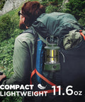 LED Camping Lantern With USB C Rechargeable Battery Stepless Dimming Vintage Portable Light on backpack during hiking