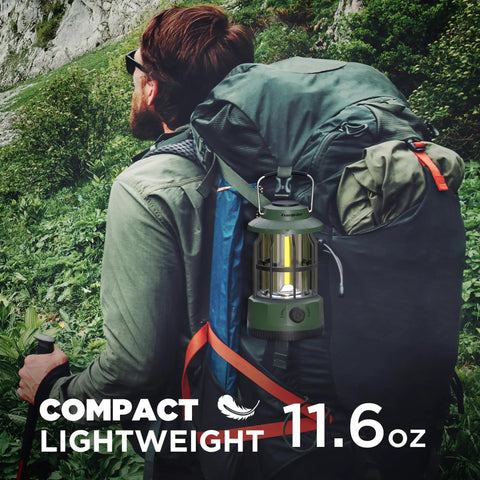 LED Camping Lantern With USB C Rechargeable Battery Stepless Dimming Vintage Portable Light on backpack during hiking