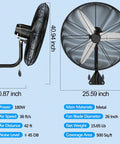 Dimensions and features of 26 Inch High Velocity Wall Mount Fan with dual pull cord and heavy-duty oscillating design for garages and workshops.