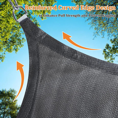 Triangle Shade Sail 14 Foot By 14 Foot By 14 Foot Dark Grey Outdoor Canopy Breathable UV Blocking Shade for Backyard Patio Pergola Garden Deck Built To Last With 185 GSM HDPE And Heavy Duty Seams Custom Size, shown with reinforced curved edge design.