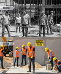 Construction workers at a jobsite, before and after applying Caution Hard Hats Required In This Area Sign 10 By 14 Inch Aluminum.