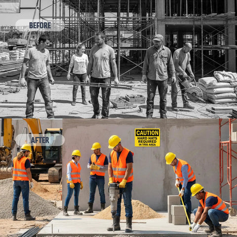Construction workers at a jobsite, before and after applying Caution Hard Hats Required In This Area Sign 10 By 14 Inch Aluminum.