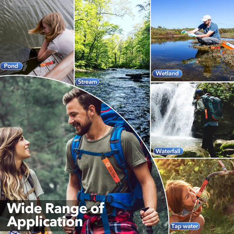 Collage showing Ultra Light Straw Water Filter 5 Pack for Camping, Hiking, and Travel in various water source scenarios.
