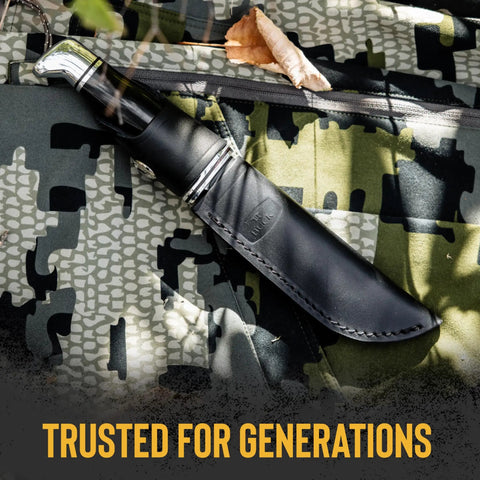 Brahma Hunting Knife 4-1/2 Inch Clip Point Fixed Blade Full Tang 420HC Stainless Steel with sheath on camo fabric