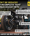 Go-To 53-Piece 1/4 Inch Drive Impact Socket Set with SAE and metric sizes showing use in motorcycle maintenance