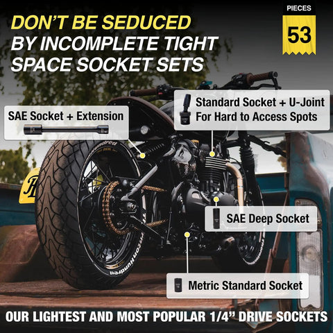 Go-To 53-Piece 1/4 Inch Drive Impact Socket Set with SAE and metric sizes showing use in motorcycle maintenance