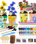 All In One Paint And Grow Flower Kit with 4 ceramic pots, soils, seed packs, saucers, plant markers, palette, brushes, tools, and 12 acrylic colors