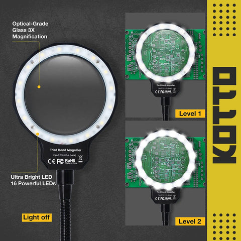 LED Lighted Magnifying Third Hand Soldering Station With Five Adjustable Arms For PCB And Jewelry Making showing magnifying levels