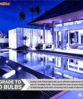 Blue LED PAR30 Flood Light Bulb 8W illuminating outdoor pool area, showcasing lit blue glow, ETL listed, energy saving