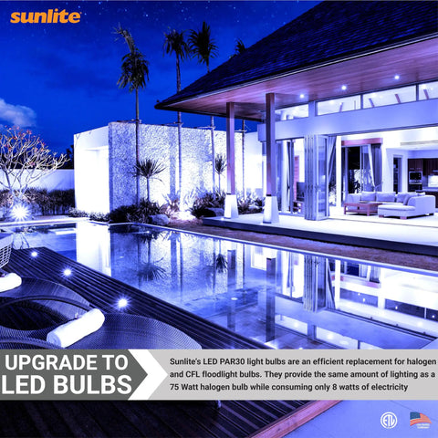 Blue LED PAR30 Flood Light Bulb 8W illuminating outdoor pool area, showcasing lit blue glow, ETL listed, energy saving