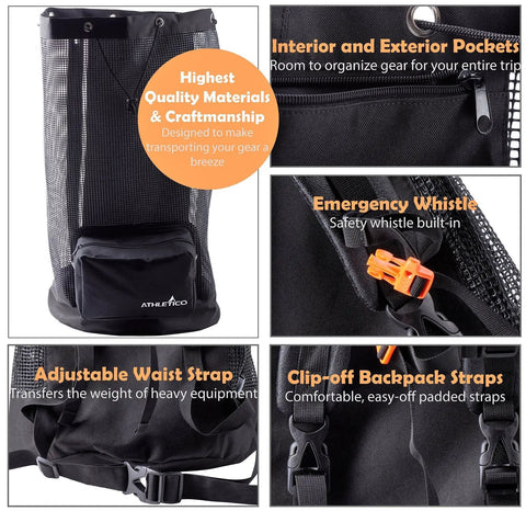 Details of XL Mesh Travel Scuba Diving Bag For Snorkeling Gear And Equipment showing pockets, whistle, and adjustable straps