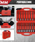 Three Eighths Inch Drive Extra Long Allen Hex Socket Set in red case, 19 Piece SAE And Metric, S2 Alloy Steel Auto Repair Tools