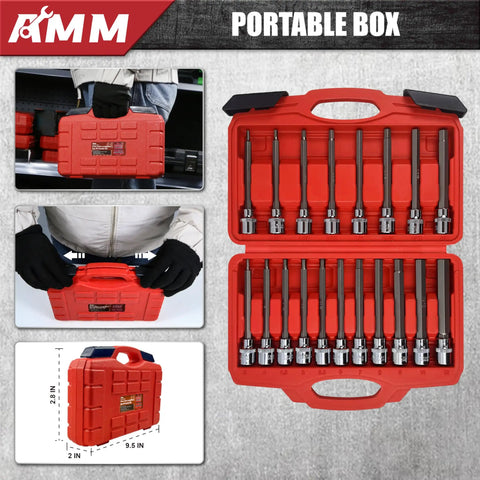 Three Eighths Inch Drive Extra Long Allen Hex Socket Set in red case, 19 Piece SAE And Metric, S2 Alloy Steel Auto Repair Tools