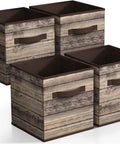 Foldable Storage Cube Baskets 4 Pack In Rustic Brown Wood Grain Finish, lightweight, collapsible for closet organization.