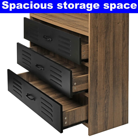 Solid Industrial Bookcase Featuring Three Slide Out Drawers And Four Wide Open Shelves Built To Hold Up Crazy Well Under Heavy Stacks Thick MdF Board Construction Makes It A Must Have Setup For Any Workspace Or Living Area. Three black drawers with ventilation slots.