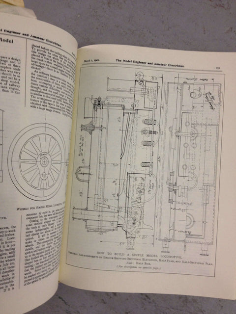 The Model Engineer & Amateur Electrician, Vol 6 (1902) open to locomotive blueprint drawings and wheel illustration.