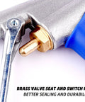 Close-up of Pro Grade High Flow Air Blow Gun Kit brass valve seat and switch pin for better sealing and durability, 120 PSI max.