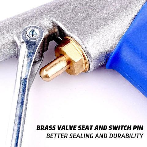 Close-up of Pro Grade High Flow Air Blow Gun Kit brass valve seat and switch pin for better sealing and durability, 120 PSI max.