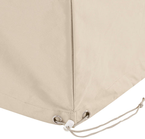 Corner view of Heavy-Duty Outdoor Chair Covers Four-Piece Set Waterproof Tan with grommet and drawstring detail