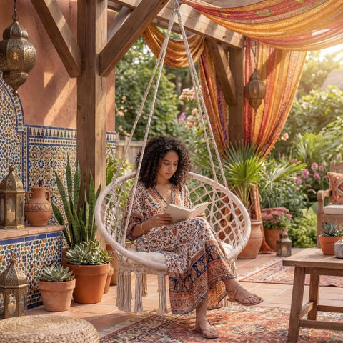 Macrame Hammock Chair Swing With Round Seat Cushion And Hardware Kit For Indoor Outdoor Use Boho Beige Hanging Chair For Patio
