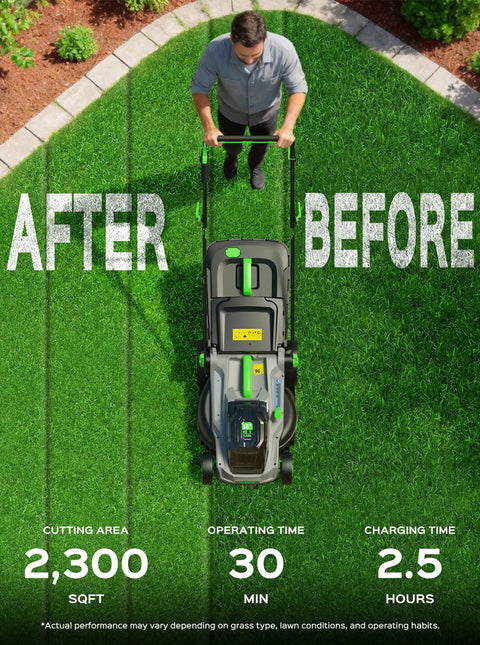 40V Cordless Lawn Mower With 16 Inch Deck And 4.0Ah Battery, Brushless Motor, Intelligent Cutting System Adapting To Dense Grass, Easy Push, Low Noise Green Finish, top view on lawn