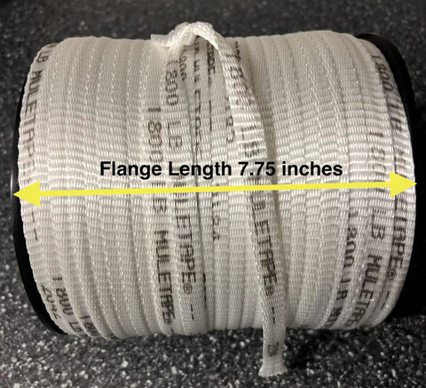 9/16 Inch Pull Tape Webbing 825 Feet Long 1800 Lb Tensile Polyester Mule Tape spool with 7.75-inch flange length shown