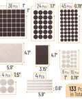 Felt Furniture Pads Set With 133 Pieces Brown And Beige Chair Leg Protectors for Hardwood Floors, various shapes and sizes displayed