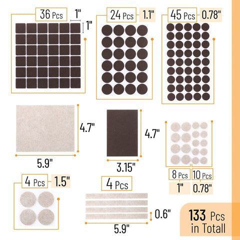 Felt Furniture Pads Set With 133 Pieces Brown And Beige Chair Leg Protectors for Hardwood Floors, various shapes and sizes displayed