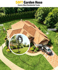 Heavy Duty Freestanding Garden Hose Holder with 50ft Kink-Free Water Hose Kit in residential yard with various uses