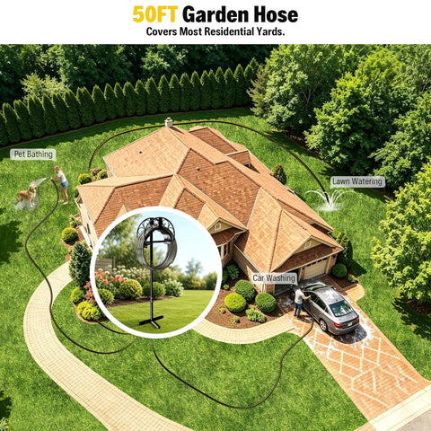 Heavy Duty Freestanding Garden Hose Holder with 50ft Kink-Free Water Hose Kit in residential yard with various uses