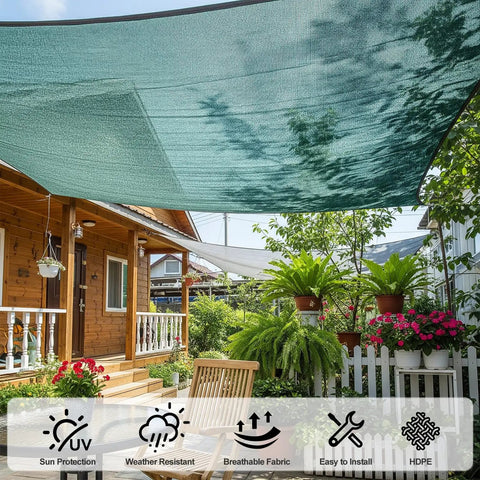 Beefed Up 35 To 45 Percent Sun Shade Cloth 10 By 20 Feet Green HDPE Mesh installed over patio garden area