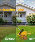 Before and after lawn with 15 Inch Heavy Duty Thatch Rake With Two Row 29 Tines Metal Dethatcher for efficient grass maintenance.