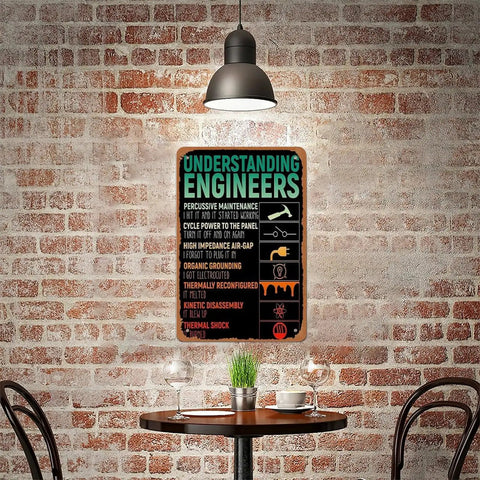 Industrial Metal Sign Poster 12x8 Inch Dope Vintage Wall Decor For Engineers With Funny Engineering Definitions in a cozy café setting