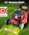 Beast 20 Inch Gas Self Propelled Lawn Mower With Bag Attachment 173cc 4 Stroke Engine Adjustable Height Eight Positions Easy Start For Thick Grass And Tough Yards, red mower on grass