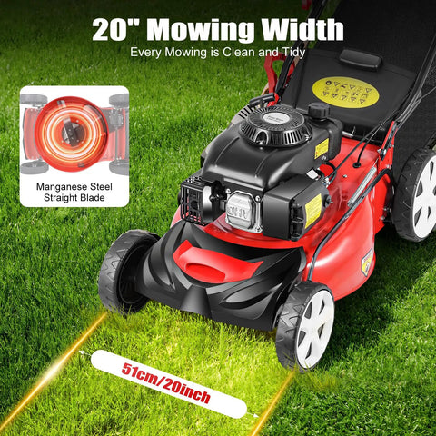 Beast 20 Inch Gas Self Propelled Lawn Mower With Bag Attachment 173cc 4 Stroke Engine Adjustable Height Eight Positions Easy Start For Thick Grass And Tough Yards, red mower on grass