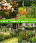 Collage of No Dig 10 Panel Decorative Garden Fence with Gate for various outdoor uses, including pet and plant enclosures.