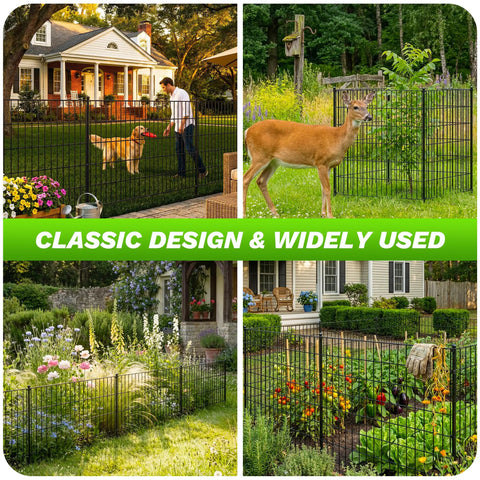 Collage of No Dig 10 Panel Decorative Garden Fence with Gate for various outdoor uses, including pet and plant enclosures.