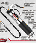 Front view of Bravex heavy-duty pistol-grip grease gun with 18-inch flexible hose and chrome-plated canister.