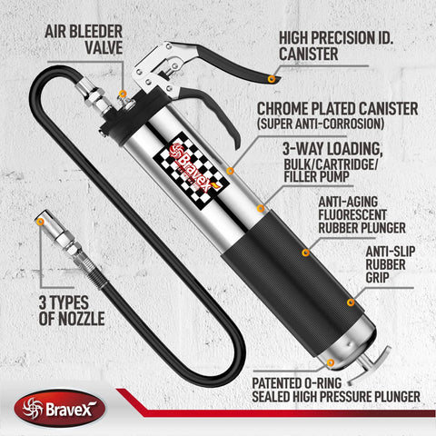 Front view of Bravex heavy-duty pistol-grip grease gun with 18-inch flexible hose and chrome-plated canister.