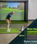 Man practicing golf swing on Elite 5 by 4 Foot Golf Hitting Mat with 15 mm artificial turf and EVA foam in an indoor simulator