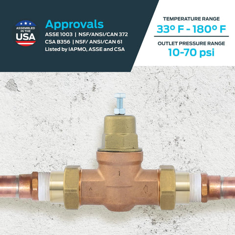 Front view of copper Cash Acme EB45 pressure regulating valve with metal top, 1 in NPT female, double union.