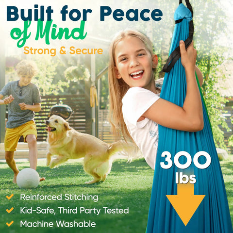 Children playing in garden with Indoor Outdoor Kid Sensory Swing With Calming Cocoon Hug Hammock, holds up to 300 lbs