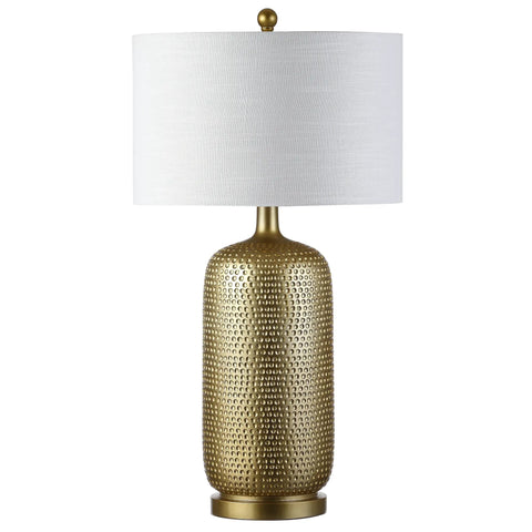 Gold Modern Resin Table Lamp 30 Inch Tall With White Linen Drum Shade Glam Contemporary Bedside Light For Living Room And Bedroom UL Listed LED Bulb Included Easy Plug In Vibe