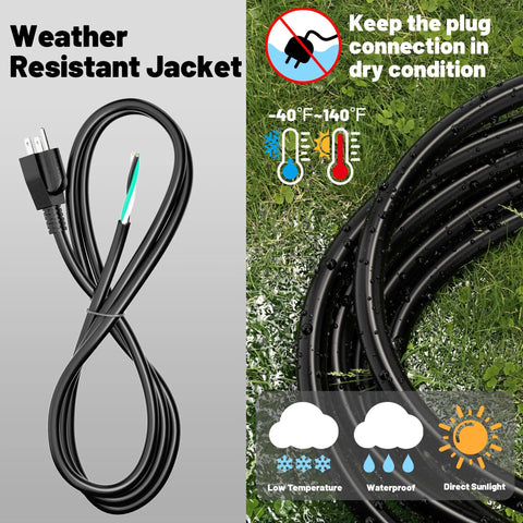 Heavy Duty 6 Ft 14 AWG 3 Prong Industrial Grade Appliance And Power Tool Cord With Open End Pigtail For Home Workshop Use NEMA 5 15P 125V 15A 1875W Black ETL Listed, shown with weather resistant jacket and outdoor temperature icons.